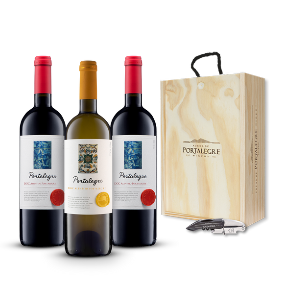 2 Portalegre tinto + 1 Portalegre Branco em cx de madeira e saca-rolhas